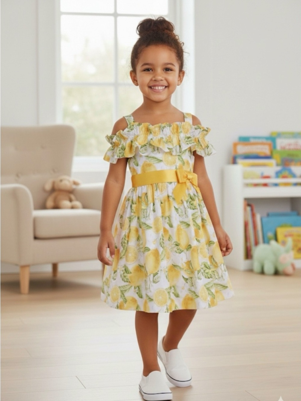 Iris & Ivy Lemon Ruffle Off the Shoulder 100# Cotton Dress with Satin Bow Size 5
